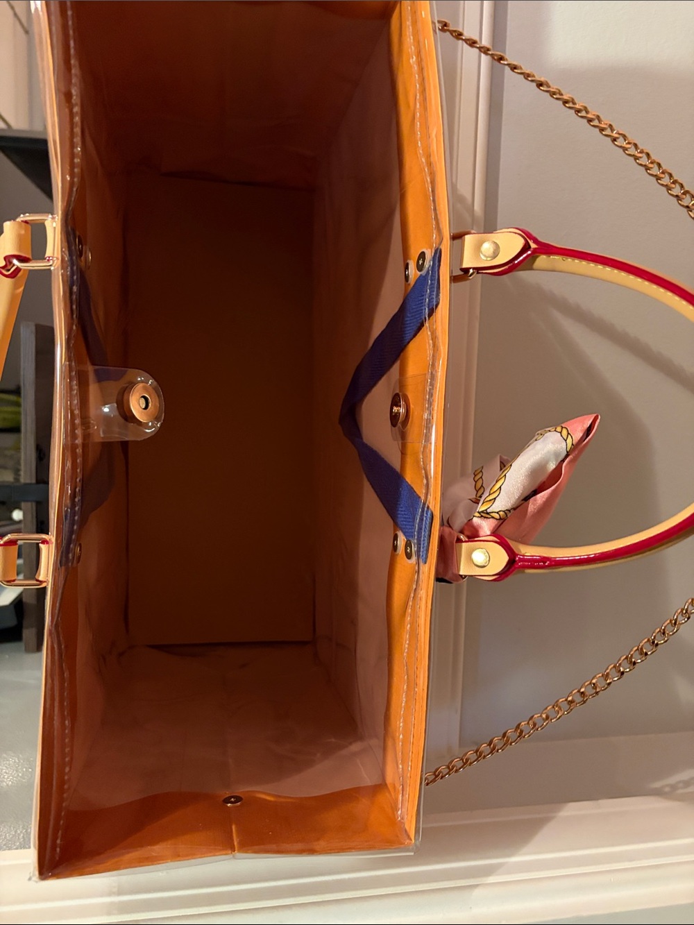Louis Vuitton Orange Clear Tote with Gold Chain and Pink Scarf Accent - Picture 9 of 13